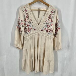 Audrey Parks Francescas Embroidered Baby Doll 3/4 Sleeve Boho Mini Dress Cream S